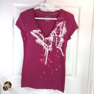 American Eagle Women's Butterfly Graphic Tee Pink White Cotton T-Shirt Size M